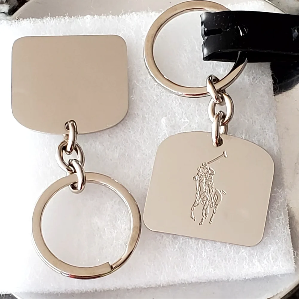 Polo Ralph Lauren Set of 2 Silver Tone Metal Engraved Logo Key Chains, NWOT